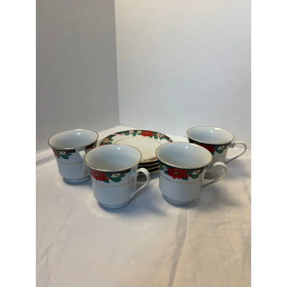 VTG Tienshan Deck the Halls China. set of 4 teacup & saucers, Christmas, holiday